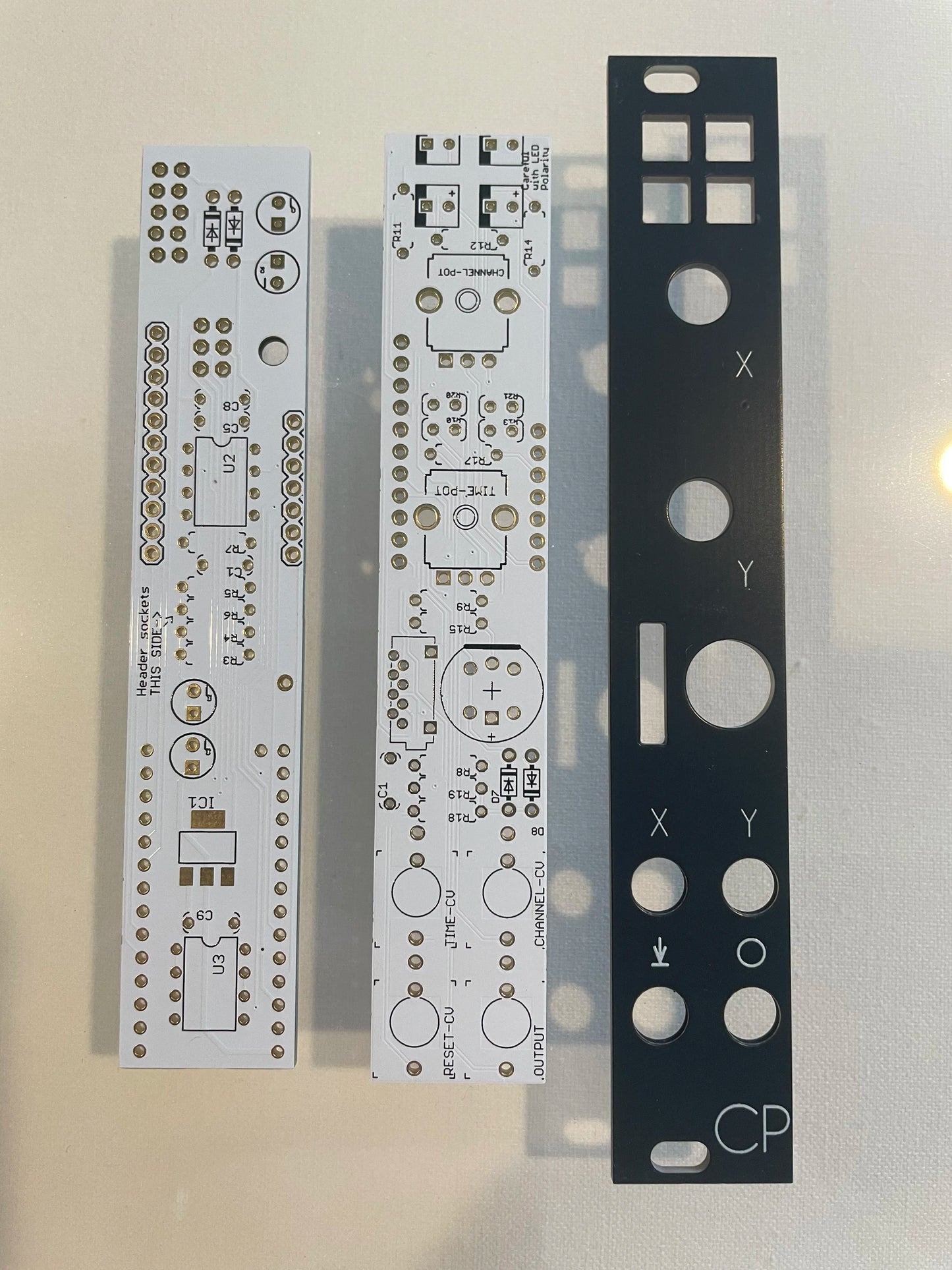 Prok Drums CP Hand Clap Eurorack 4HP PCB and panel, front view