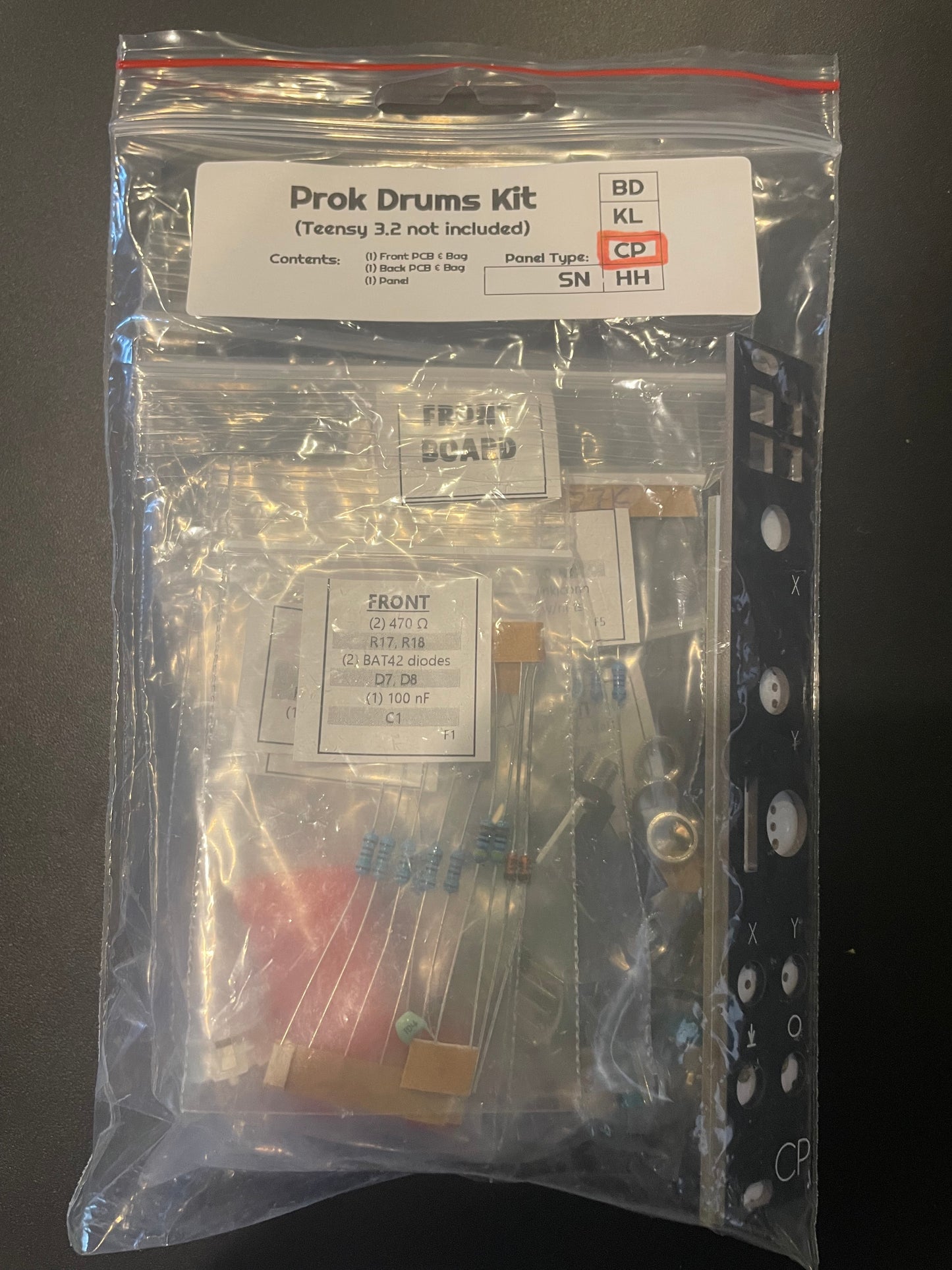 Prok Drums CP Hand Clap Eurorack 4HP partial kit components, front view