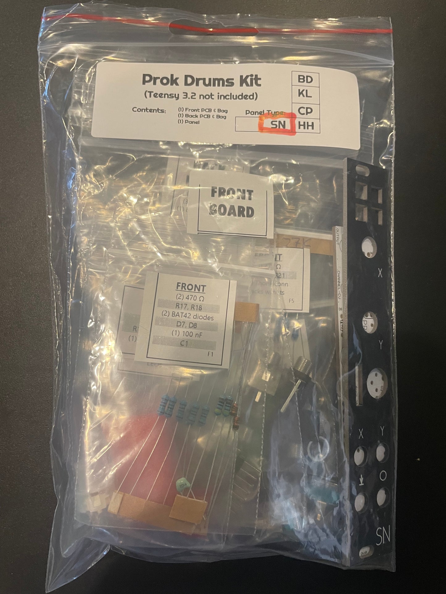 Prok Drums SN Snare Eurorack 4HP partial kit components, front view